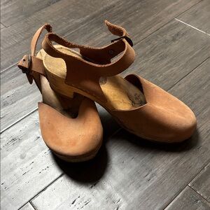 Brown Leather Clogs with Ankle Strap
